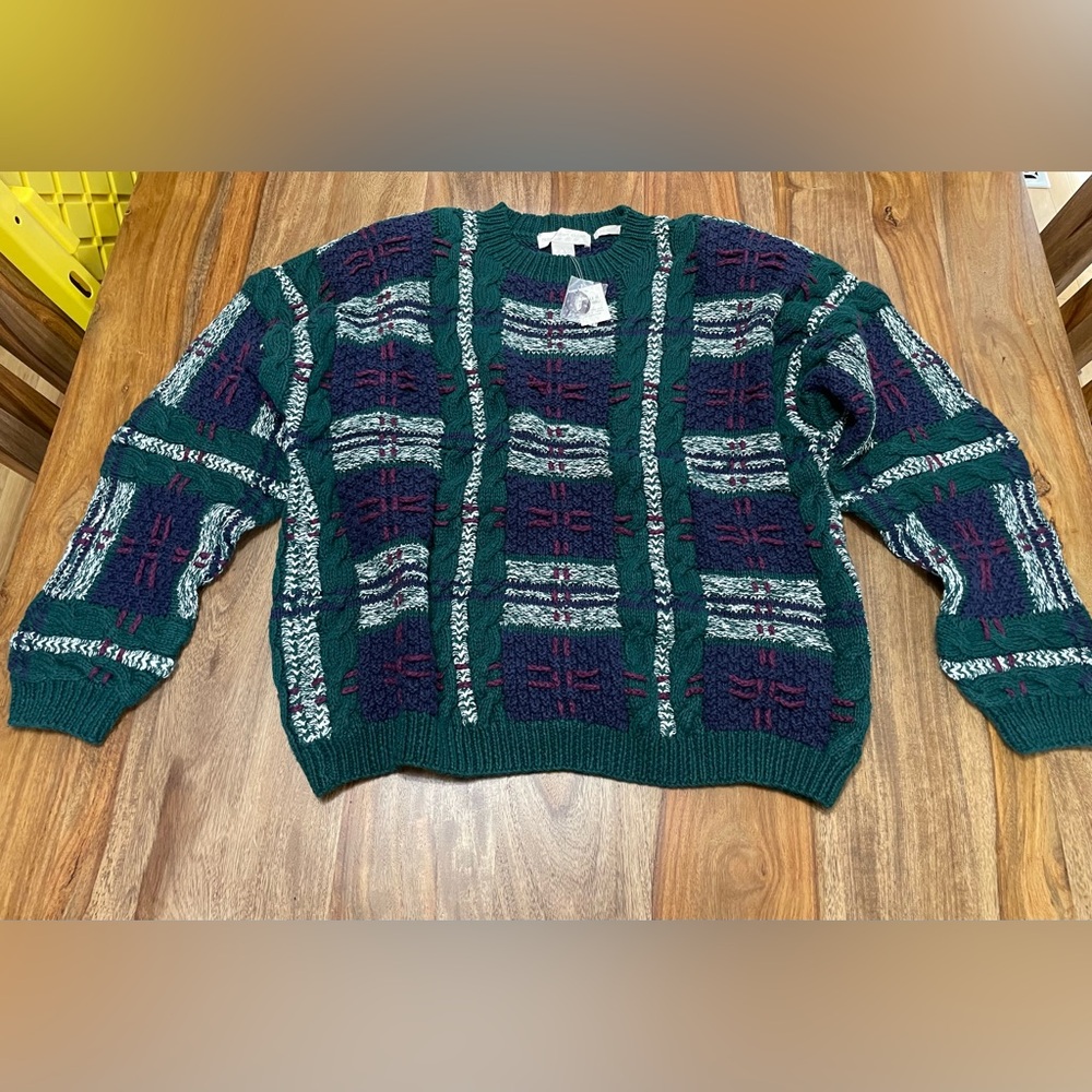 Paris Sport Club 90's Knit Sweater Green Navy‎ Plaid Cable Knit Women's L NWT